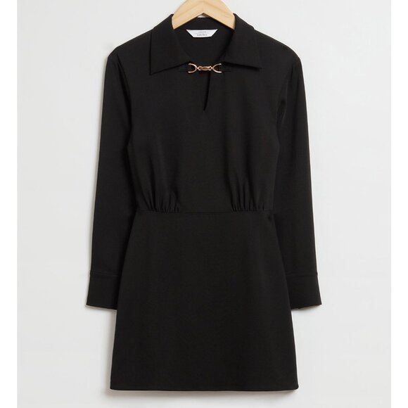 & OTHER STORIES Straight Gold Buckle Mini Dress Size 10 Black LBD Classic Modest - Picture 4 of 15